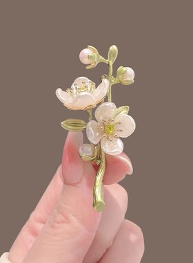 文艺绿色茉莉胸针植物花朵珍珠胸花复古气质西装防走光扣别针配饰