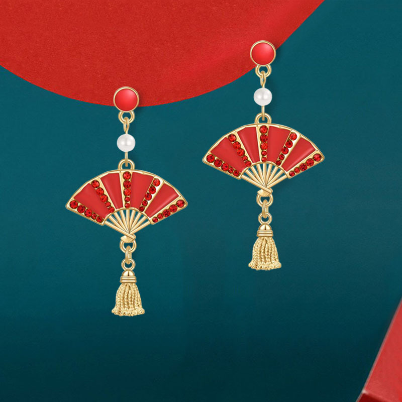 国风新中式红色福袋扇子耳环