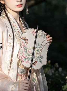晴栀原创林涧紫薇印花竹帘扇紫竹长柄复古汉服装饰拍照道具腰扇
