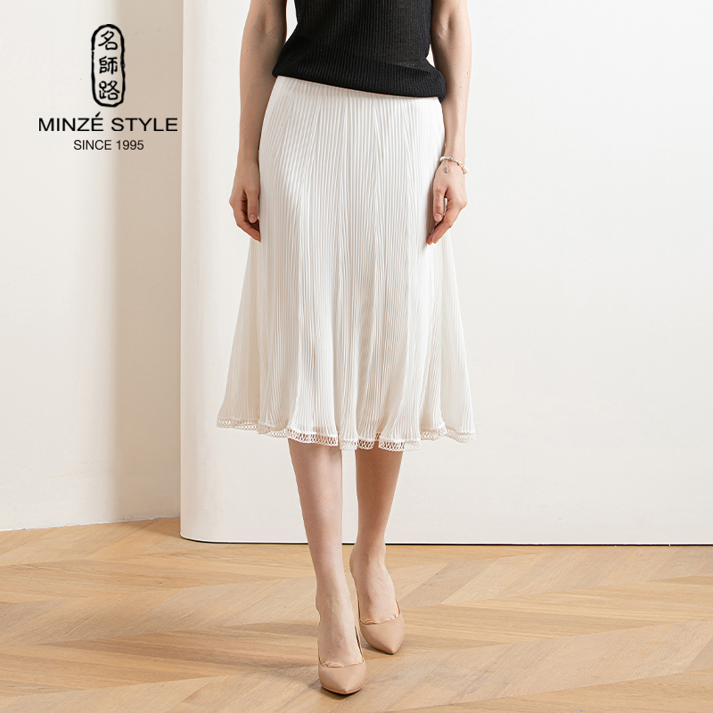 MINZE STYLE/名师路夏装简约大方飘逸百搭松紧腰中长款百褶半裙