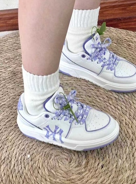 MLB 纽约洋基队 老花双色鞋带板鞋男女同款白紫色3ASXM046N-50LDS