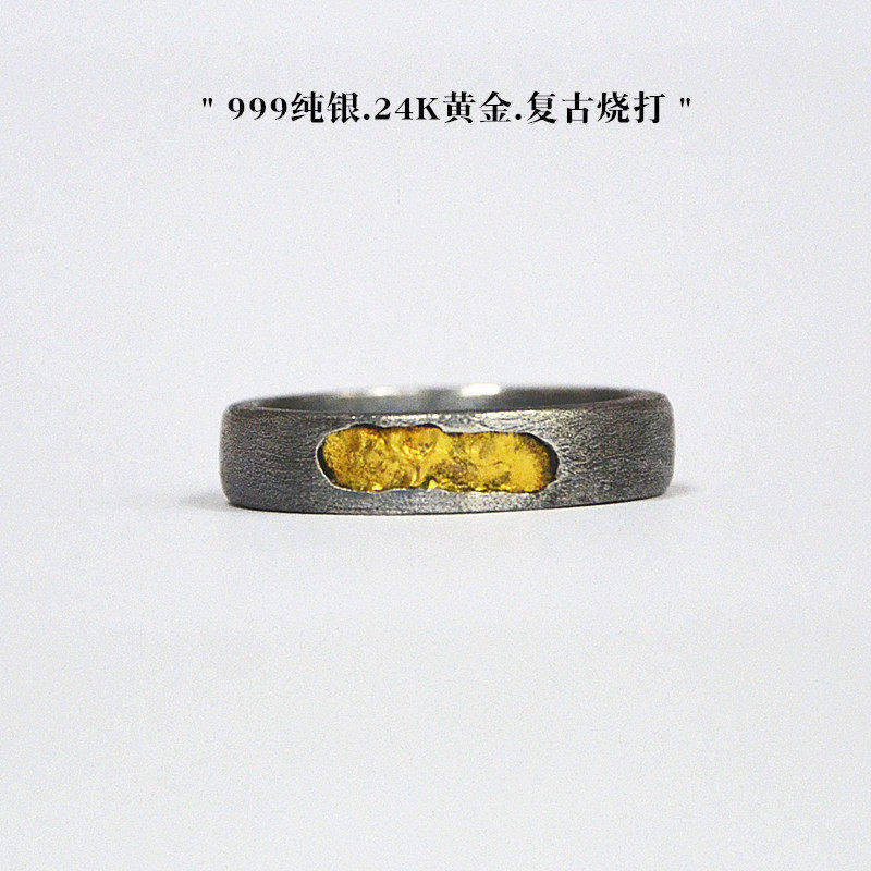熊老三原创纯银戒指女黄金情侣男戒古法错金银小众冷淡风复古指环
