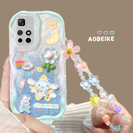 适用于红米note11tpro手机壳夏季新款立体NOTE9PRO全包软硅胶镜头防摔10pro卡通兔子渐变Redmi闪粉女5g花手链