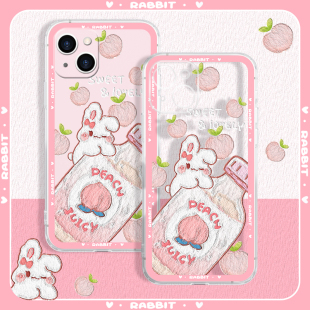 适用于苹果13手机壳14promax新款 粉色13mini直边透明13pro硅胶软壳iphone3侧边图卡通兔子13plus饮料女生防摔
