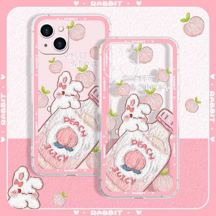 适用于苹果13手机壳14promax新款粉色13mini直边透明13pro硅胶软壳iphone3侧边图卡通兔子13plus饮料女生防摔