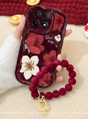 简约红花适用于红米 K70手机壳防摔redmik60红色手链k70e全包奶油纹k40/50个性新款硅胶k30Pro新年复古女k40s