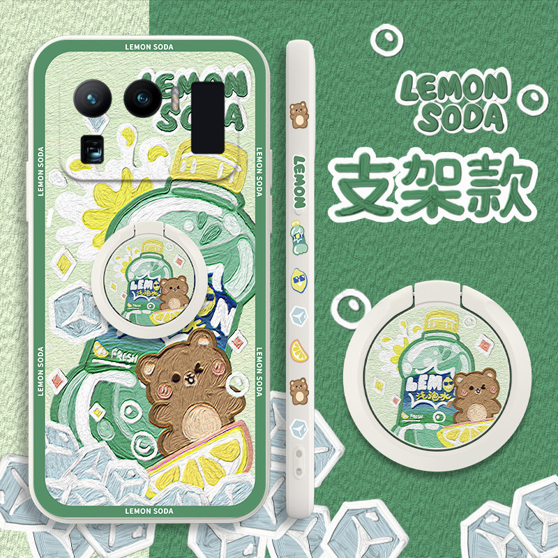 小米11Ultra手机壳直边液态硅胶xiaomi11u带支架侧边图米11u秋指环扣全包11Ultra个性小熊侧边图mi11u雪碧女