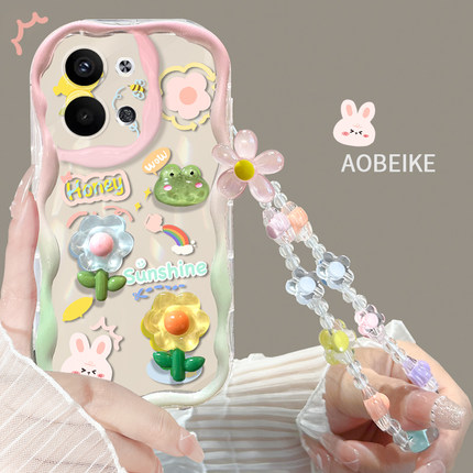适用于opporeno9手机壳夏季花立体女8pro+新款卡通奶油框OPPO可爱手链RENO7PRO全包镜头防摔6por透明硅胶兔子