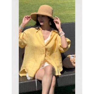 黄色棉麻防晒衬衫女款2026新款设计感春装通勤穿搭别致很仙的上衣