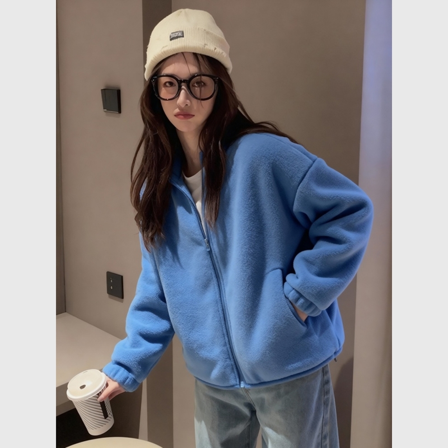 蓝色拉链无帽卫衣女款加厚