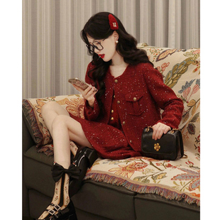 圣诞女穿搭新年战袍敬酒服新娘结婚回门订婚礼服红色小香风套装冬