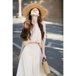 法式海边度假设计感压褶斗篷无袖上衣高腰百褶伞裙氛围感两件套装