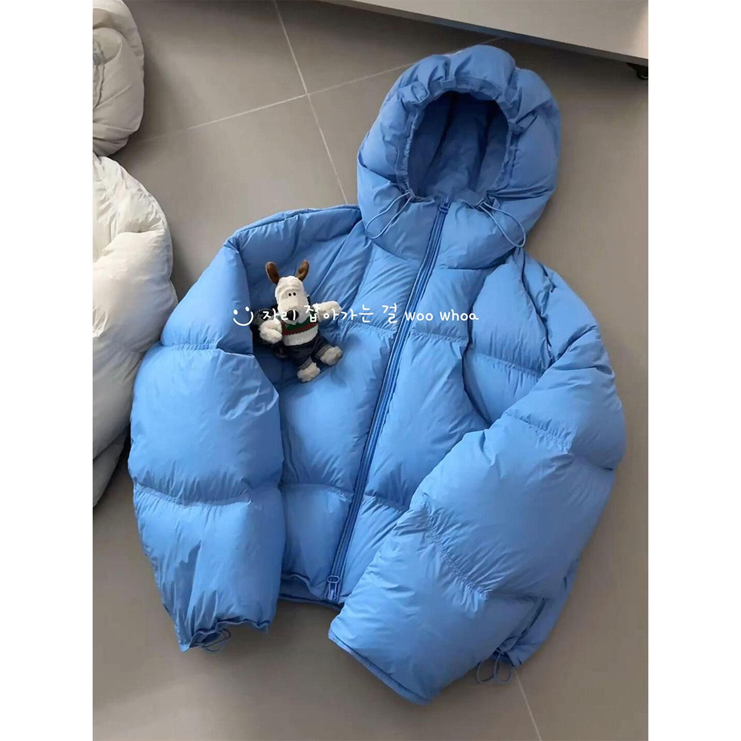 韩系蓝色连帽泡芙羽绒服女2025新款短款加厚保暖小个子面包服外套