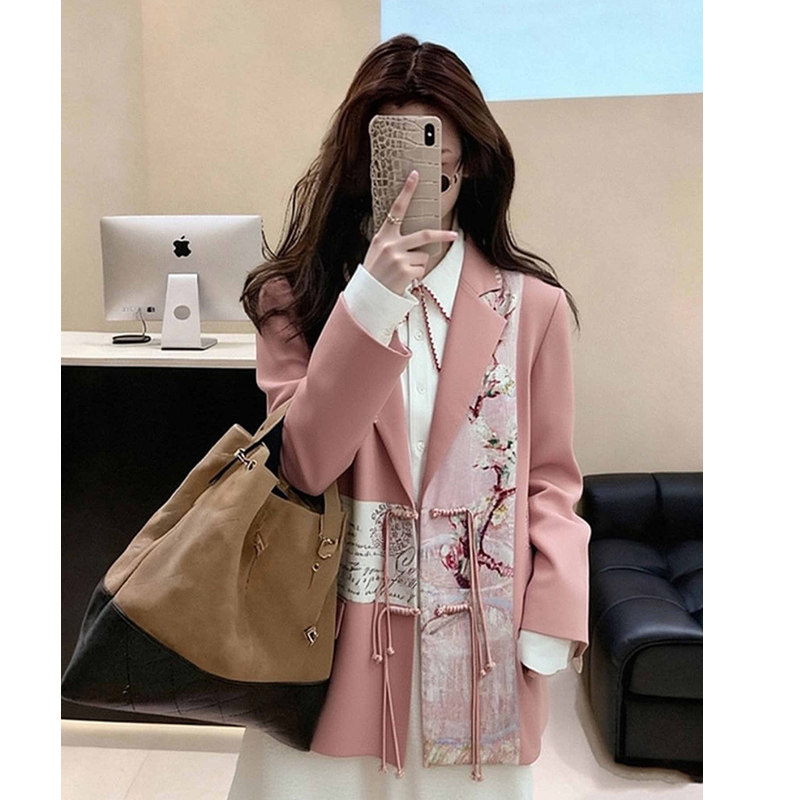 新中式国风高级小众不撞款粉色印花盘扣西装外套女2026新款小个子,女装/女士精品,毛衣,淘宝优惠券,粉丝福利购,淘宝优惠卷