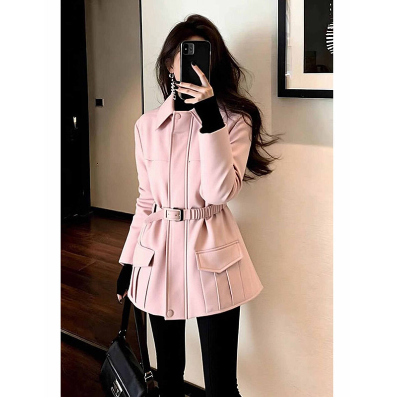 韩系高级小众不撞款粉色收腰外套女2025年秋冬新款减龄洋气小上衣,女装/女士精品,毛呢外套,淘宝优惠券,粉丝福利购,淘宝优惠卷