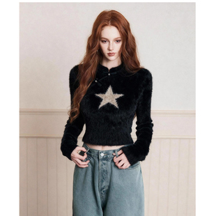 新中式国风黑色提花盘扣马海毛毛衣25冬特别漂亮掐腰内搭短款上衣