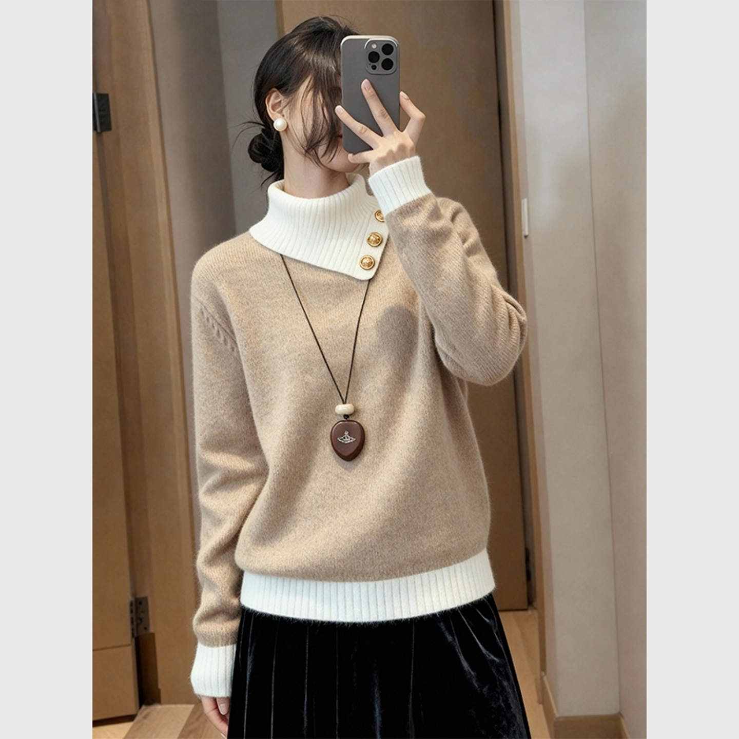 杏色撞色高领毛衣慵懒高级感