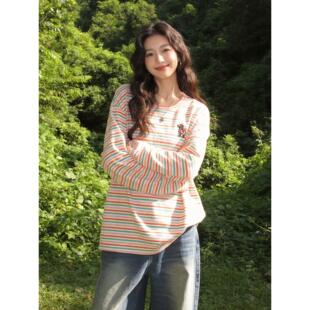 彩色条纹卡通防晒罩衫女海边防晒衣透气防紫外线2026新款长袖t恤