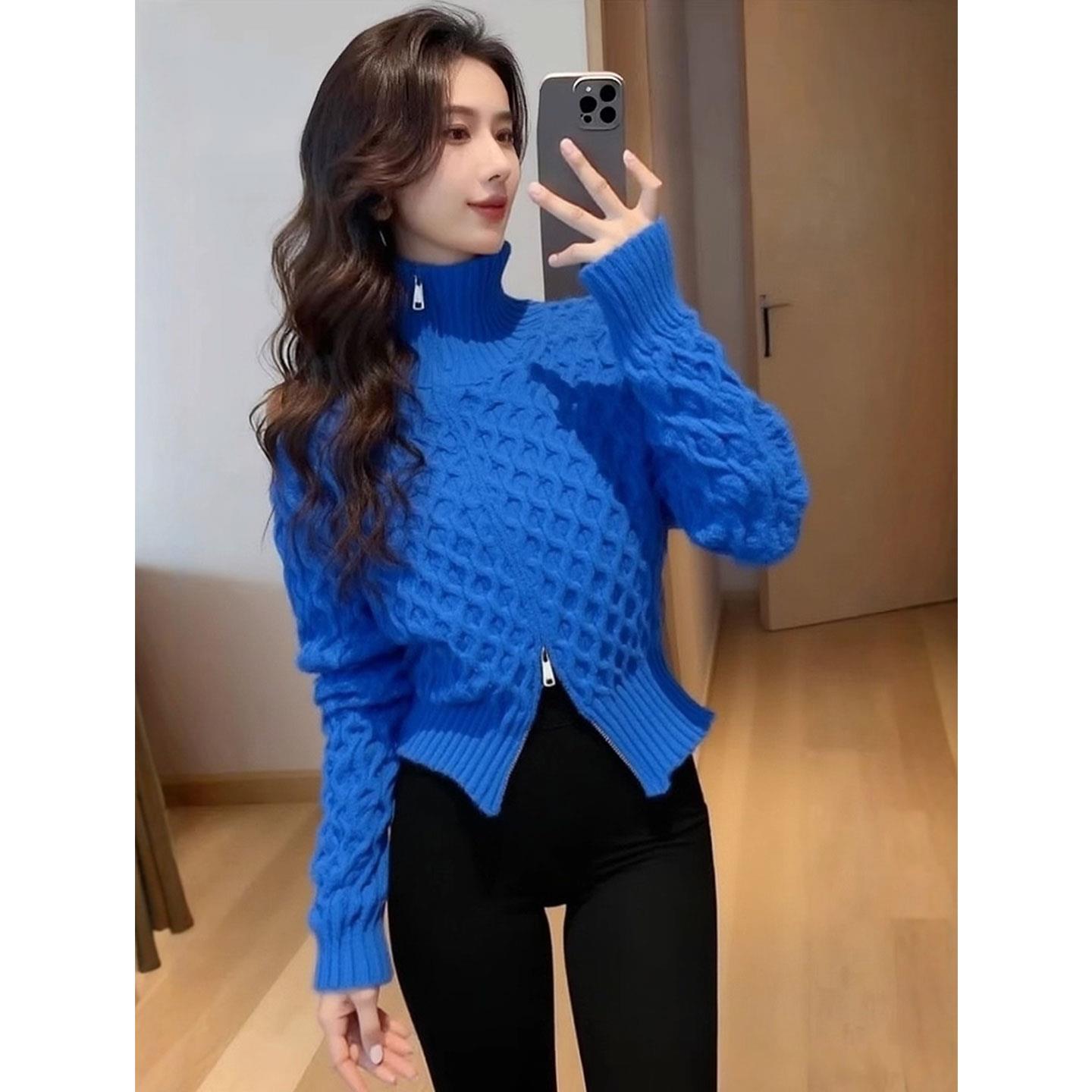 韩系克莱因蓝色高领针织毛衣女