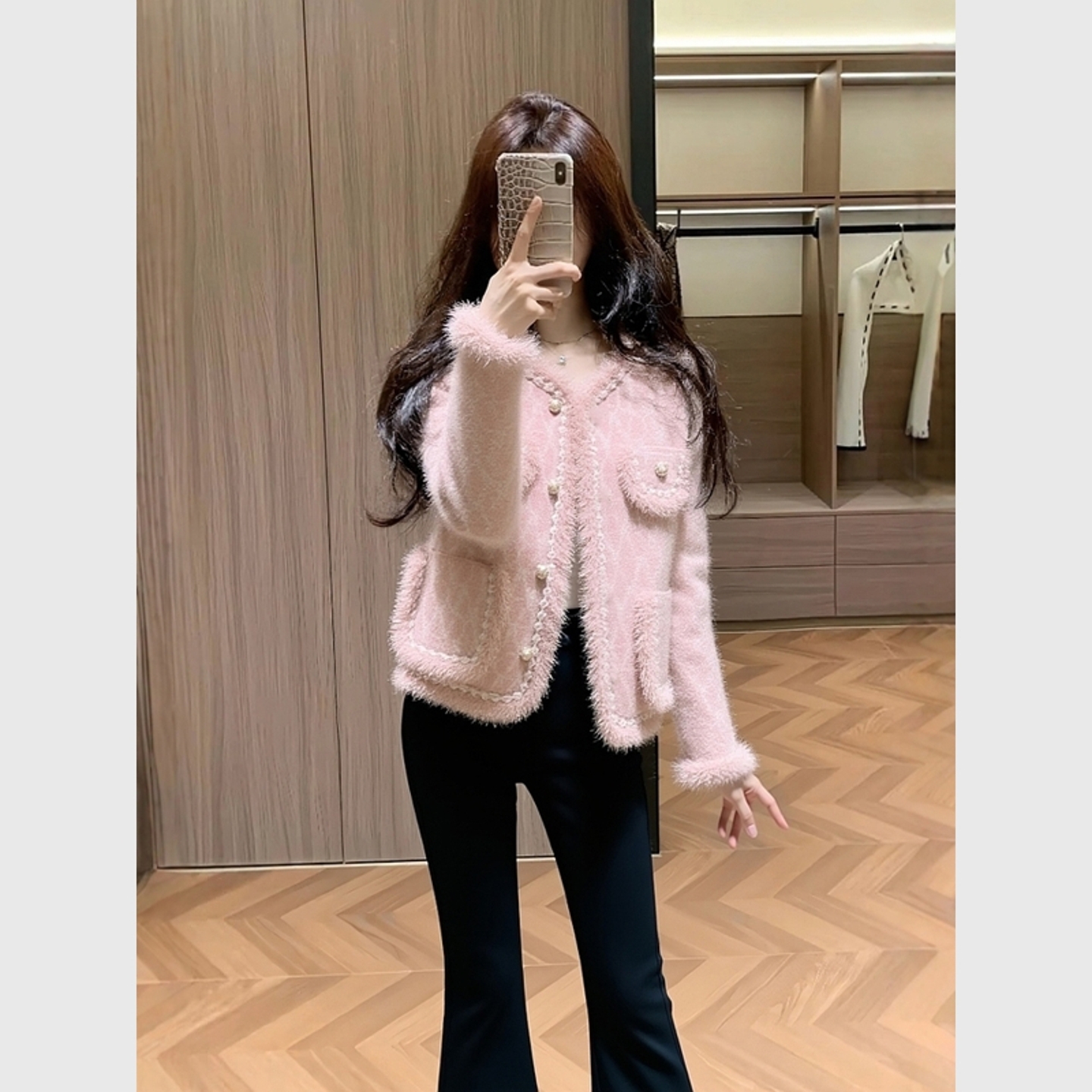 粉色毛绒厚外套女2025新款