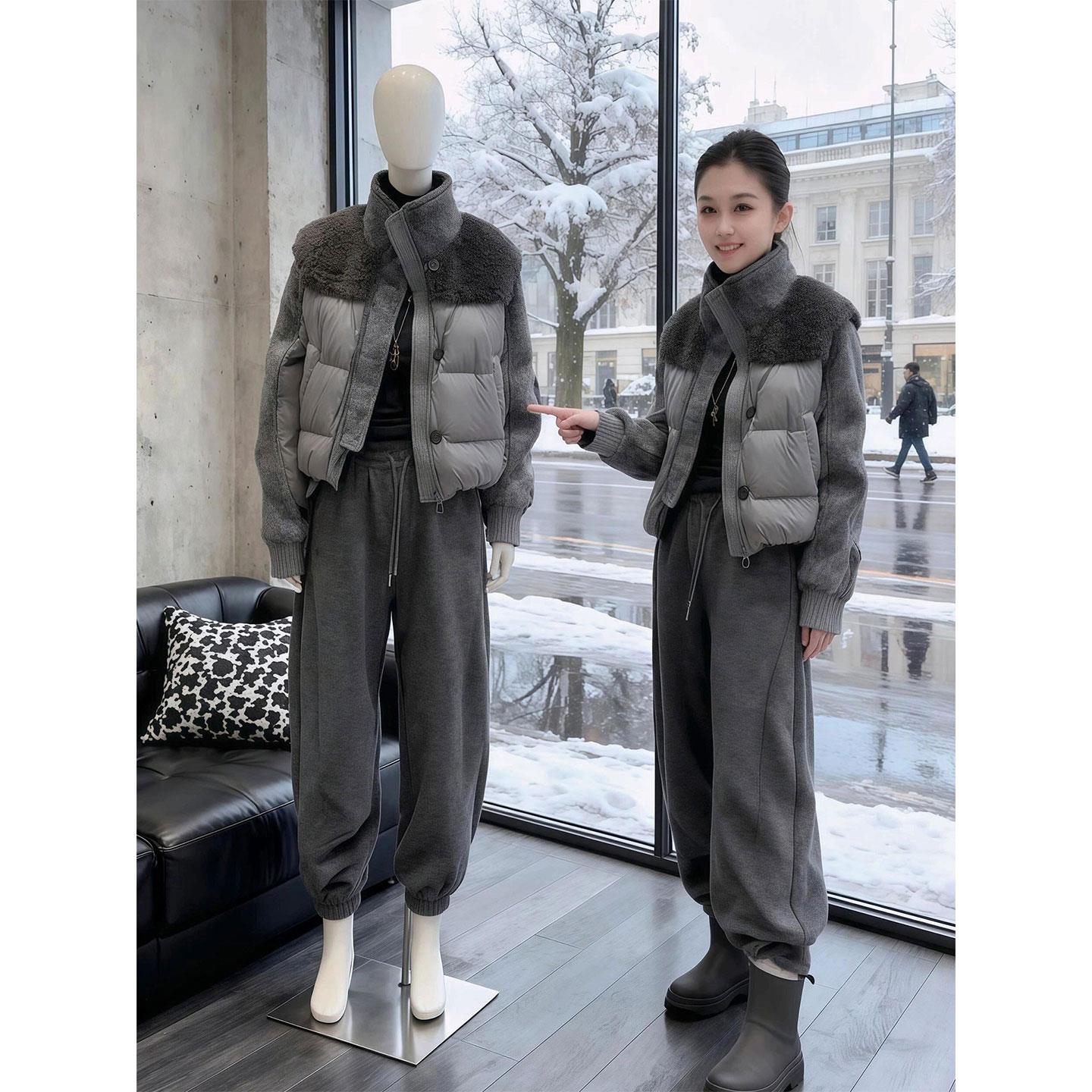 韩版高级感灰色立领拼接羽绒服女