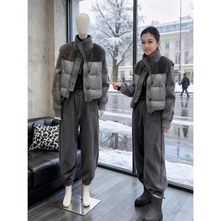 韩版高级感灰色立领拼接羽绒服女2025巨好看的冬装百搭保暖短外套
