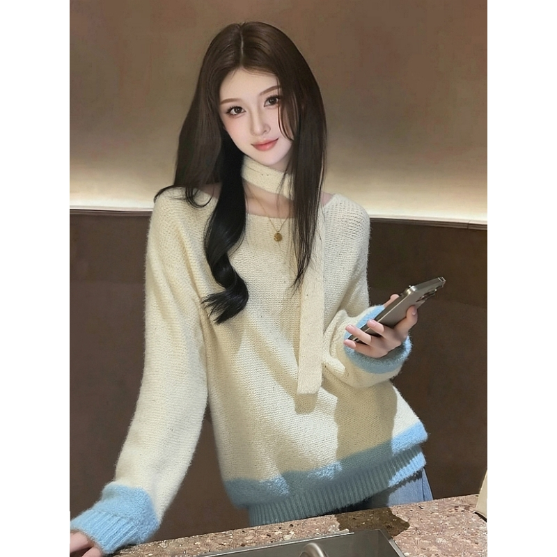 杏色花朵飘带挂脖针织毛衣女冬季