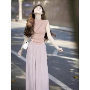 夏季小香风穿搭套装女2025新款高级感短袖针织衫棉麻阔腿裤两件套