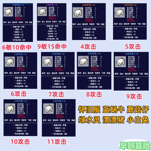 冒险岛怀旧服 工地手套攻击敏捷 蓝蜗牛蘑菇仔绿水灵漂漂猪小白兔