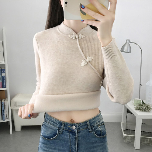 旗袍领一体绒加绒加厚毛衣女