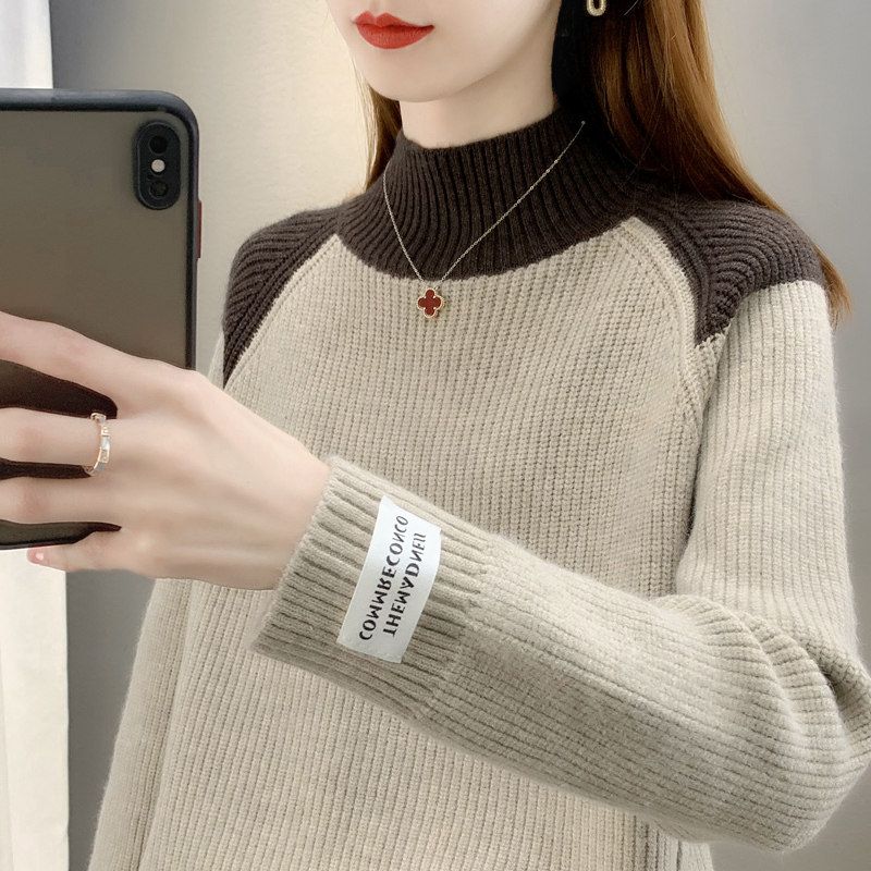 冬装套头毛衣女半高领拼色加厚外穿针织打底衫时尚洋气慵懒风显瘦,女装/女士精品,毛针织衫,淘宝优惠券,粉丝福利购,淘宝优惠卷