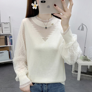 洋气蕾丝针织打底衫 宽松薄款 长袖 2023年新款 网纱内搭百搭上衣 春装