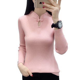 旗袍领中式加绒针织打底衫女士毛衣国风秋冬新款短款长袖洋气内搭