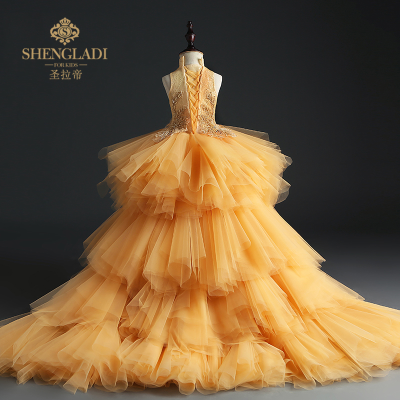 儿童礼服公主裙女童钢琴演奏y晚礼服花童小主持人拖尾走秀演出服