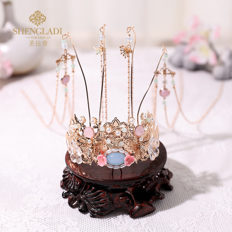 汉服头饰女童凤冠中国风头冠流苏超仙发冠发簪公主唐装演出皇冠