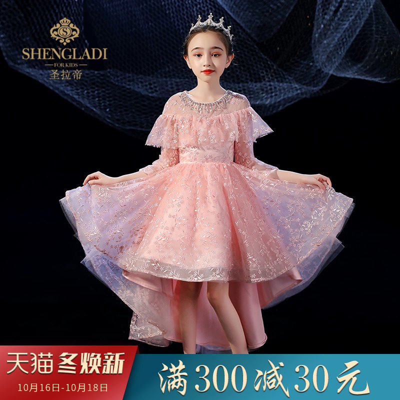 主持人礼服女童婚纱花童婚礼长袖生日蓬蓬裙洋气粉色钢琴演出服