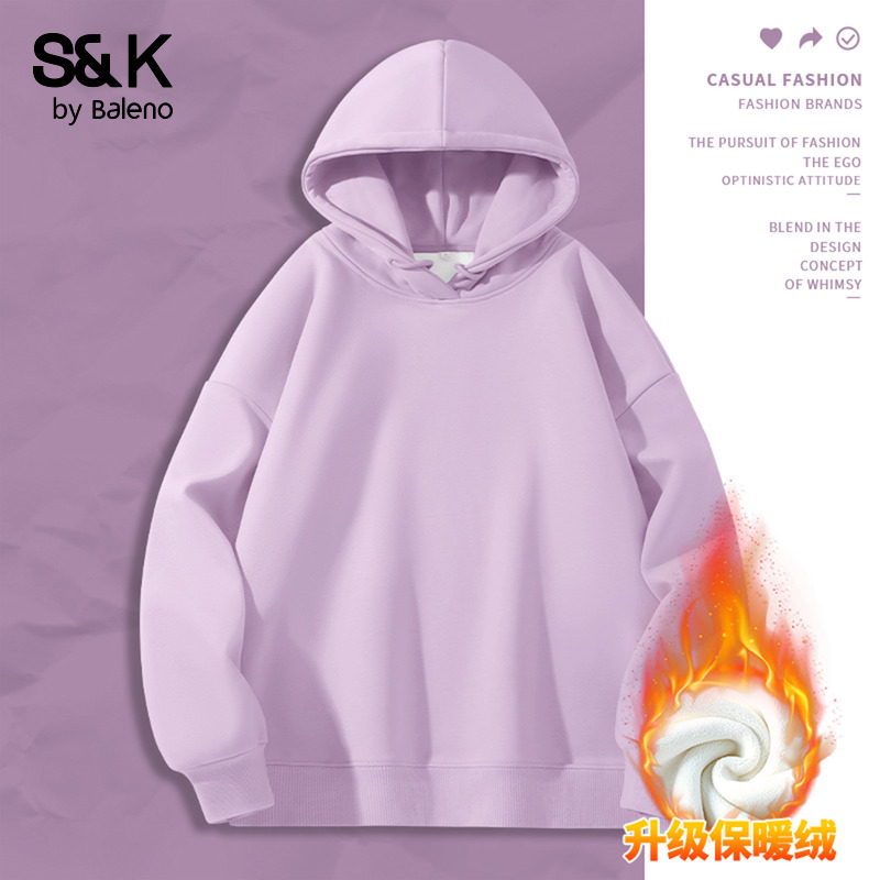 班尼路S&K系列紫色加绒连帽卫衣女秋冬新款宽松休闲通勤百搭上衣N