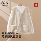 班尼路S&K系卡其色两面穿夹棉马甲女2026秋冬新款 羊羔绒外穿背心H