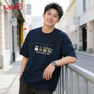 休闲纯棉柔软舒适印花百搭上衣J T恤男时尚 班尼路夏季 帅气圆领短袖