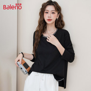 女装 班尼路长袖 黑色打底衫 设计感宽松大码 上衣J T恤女纯棉春秋新款