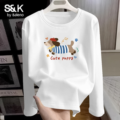 班尼路白色纯棉长袖t恤女2025秋