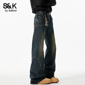 复古牛仔裤 男宽松阔腿裤 休闲长裤 班尼路SK美式 水洗做旧微喇裤 子YS