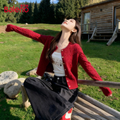 班尼路红色针织衫 外套女冬新年战袍保暖开衫 加厚毛衣本命年上衣M