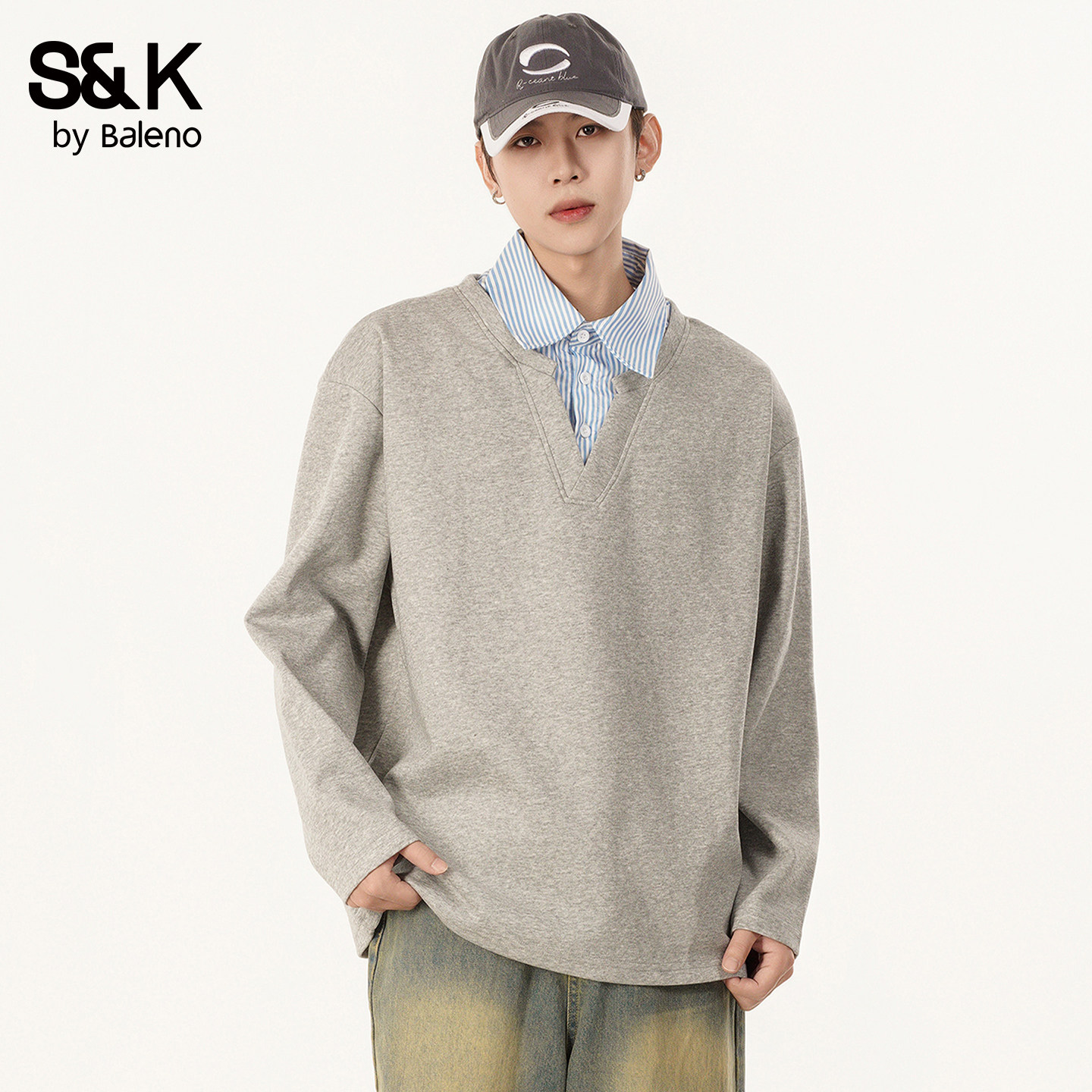 班尼路SK简约假两件衬衫领卫衣男长袖拼接条纹宽松百搭休闲上衣YS