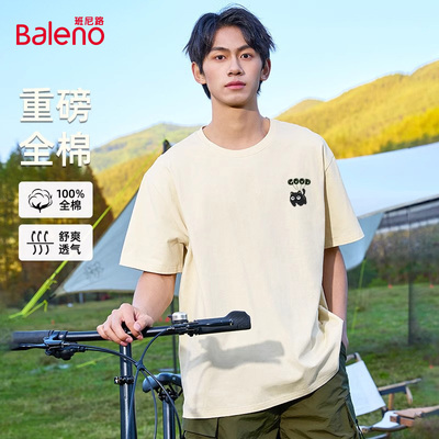班尼路重磅纯棉短袖男款卡通气球猫猫印花t恤宽松潮牌情侣装上衣C