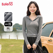 t恤女2026秋季 新款 修身 班尼路灰色连帽长袖 小个子上衣内搭打底衫