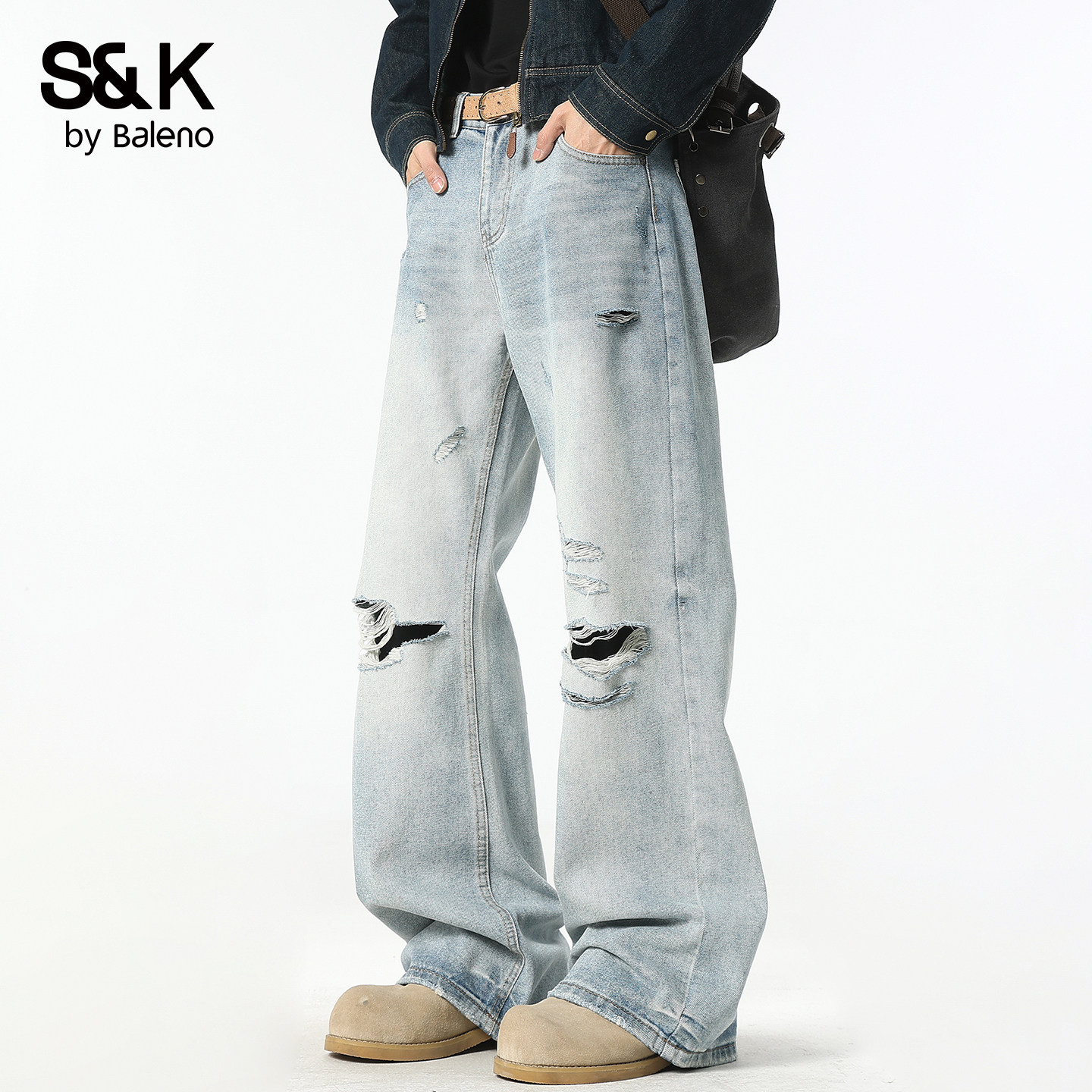 班尼路SK美式微喇破洞牛仔裤男秋图片