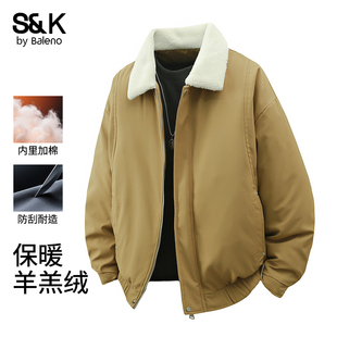 班尼路美式 宽松加厚保暖棉服外套E 复古羊羔毛翻领棉衣男冬季