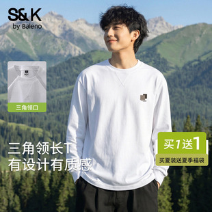 班尼路S&K三角领复古长袖t恤男秋季户外纯棉白色上衣男生打底衫A