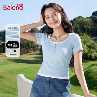显瘦高级感短款 班尼路蓝色假两件短袖 修身 2026新款 上衣H t恤女夏季